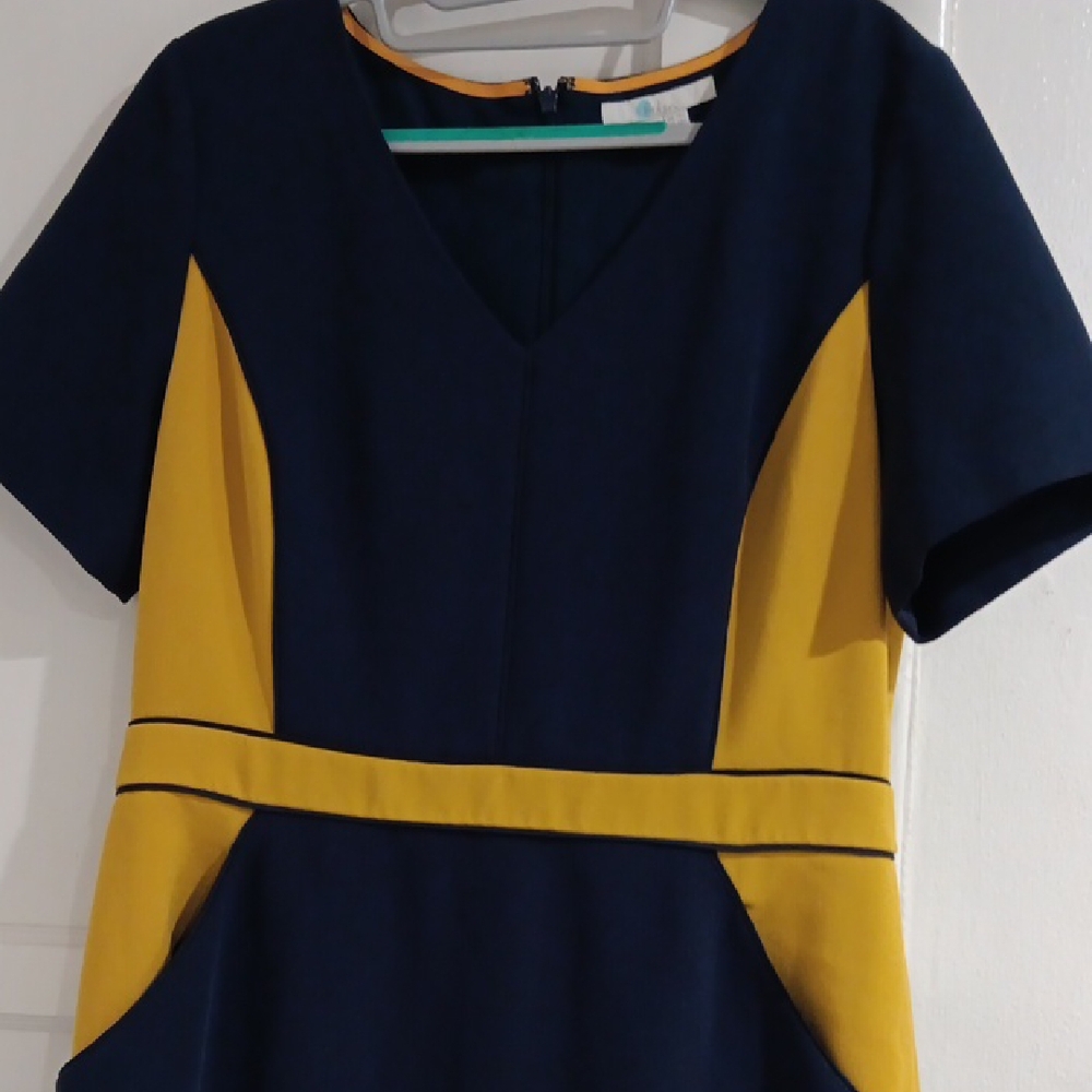 Boden Sheath Dress Blue Yellow V-Neck Short Sleeve